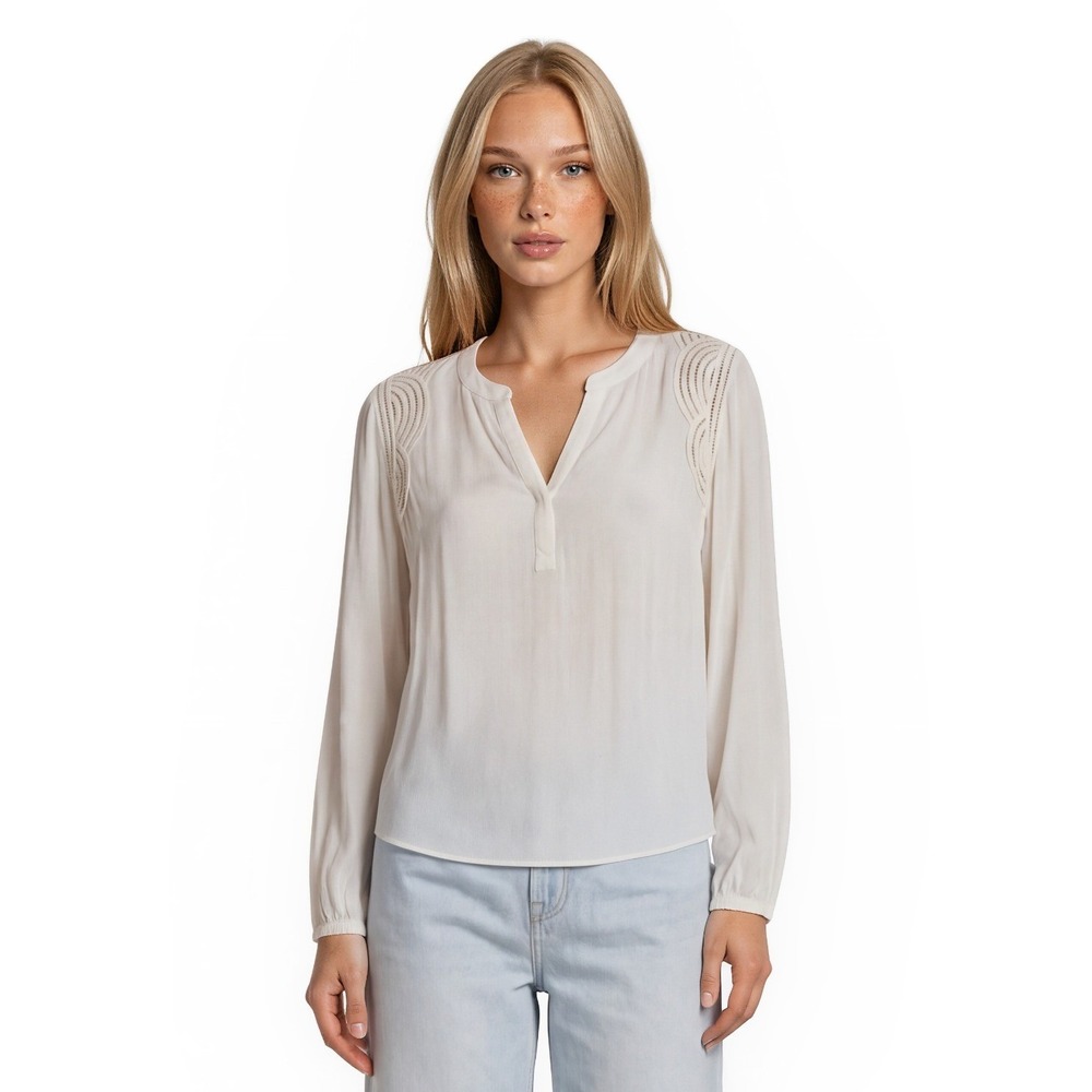NEW Daniel Rainn Blouse Women's Size Medium Ivory Crochet Lace Split Neck Top
